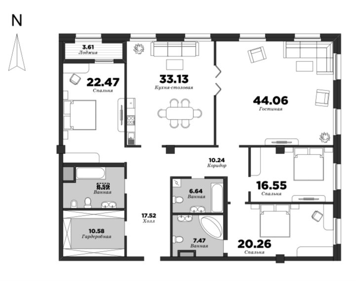 NEVA HAUS, Корпус 2, 4 спальни, 199.32 м² | планировка элитных квартир Санкт-Петербурга | М16